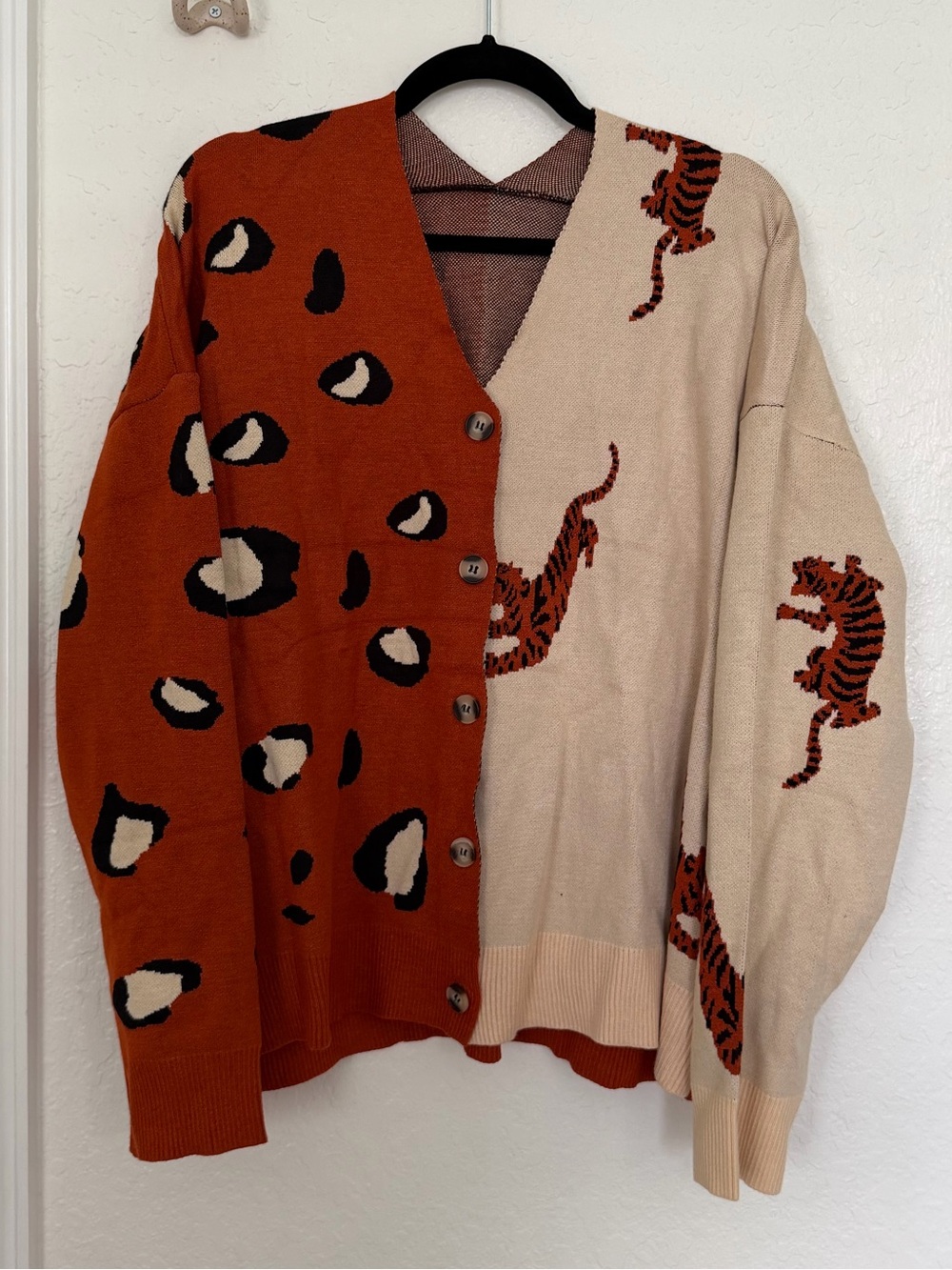 Half-and-Half Tiger & Leopard Cardigan in Rust and Cream